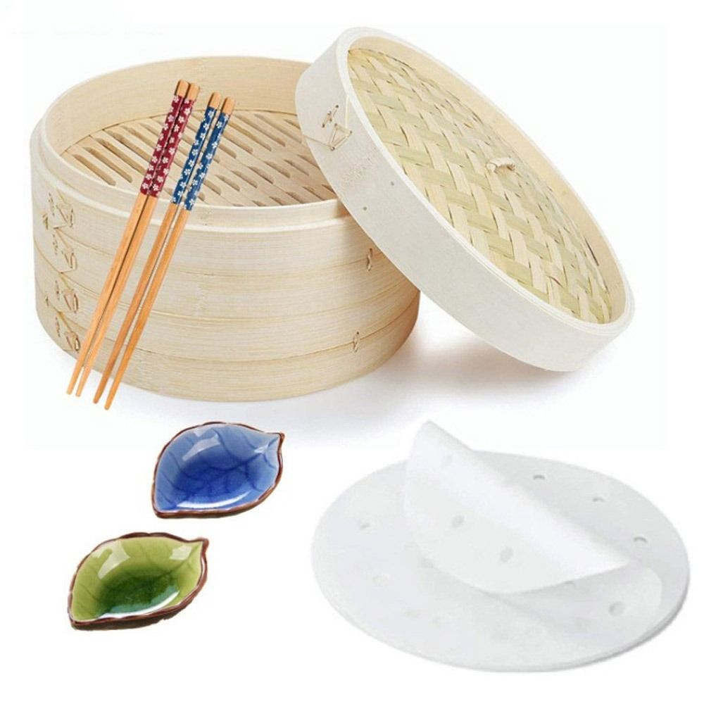 Bao Steamer Bamboo - 中国蒸し器 竹製蒸し器 蓋付き 肉まん、餃子、点心、野菜、軽食の蒸し料理用