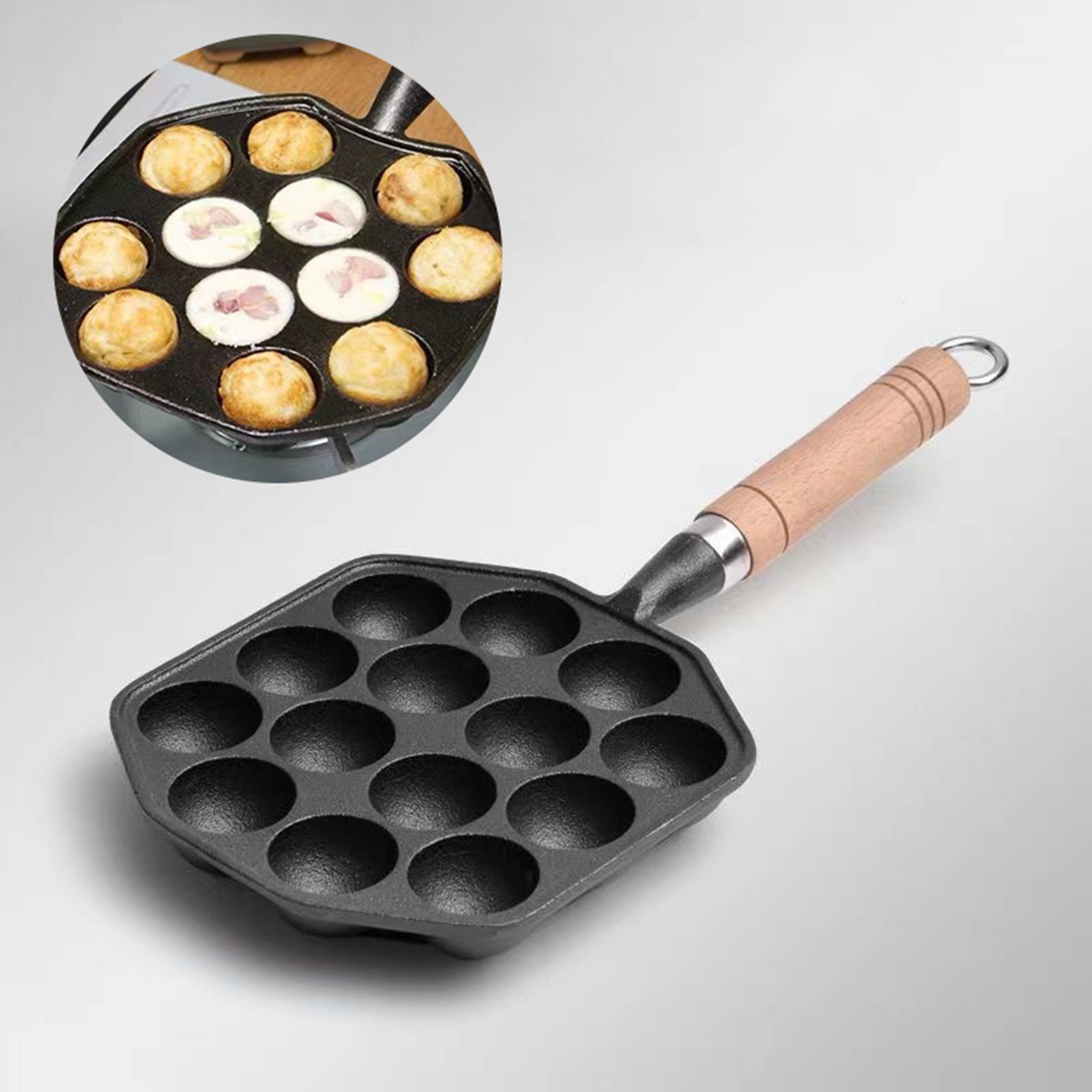 Egg Waffle Pan - 取り外し可能なハンドル付きの焦げ付き防止の鋳鉄鍋,タコ,肉用の調理型,14穴
