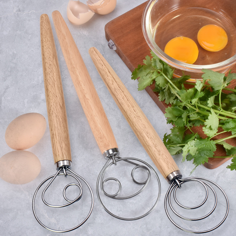 Danish Pancake Pan - デンマーク生地泡立て器ステンレス鋼ハンドミキサーブレンダーエッグビーターポーキングバーペストリー木製ハンドルベーキングツール