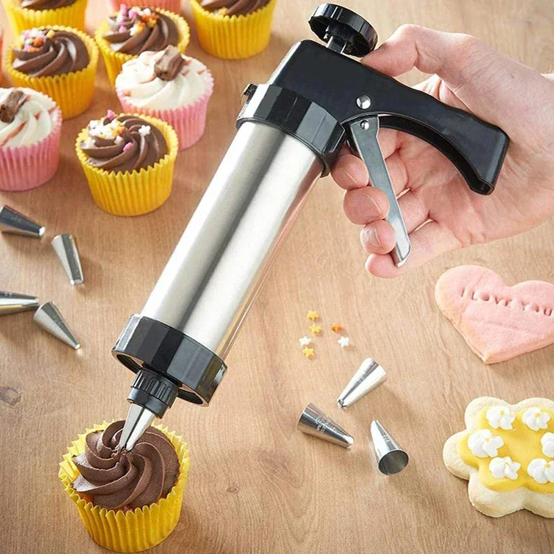 Churros Maker Gun - クッキープレスガンキットステンレス鋼ケーキクリームデコレーションガンセットDIY手動チュロスメーカーマシンビスケットペストリーパイピングノズル