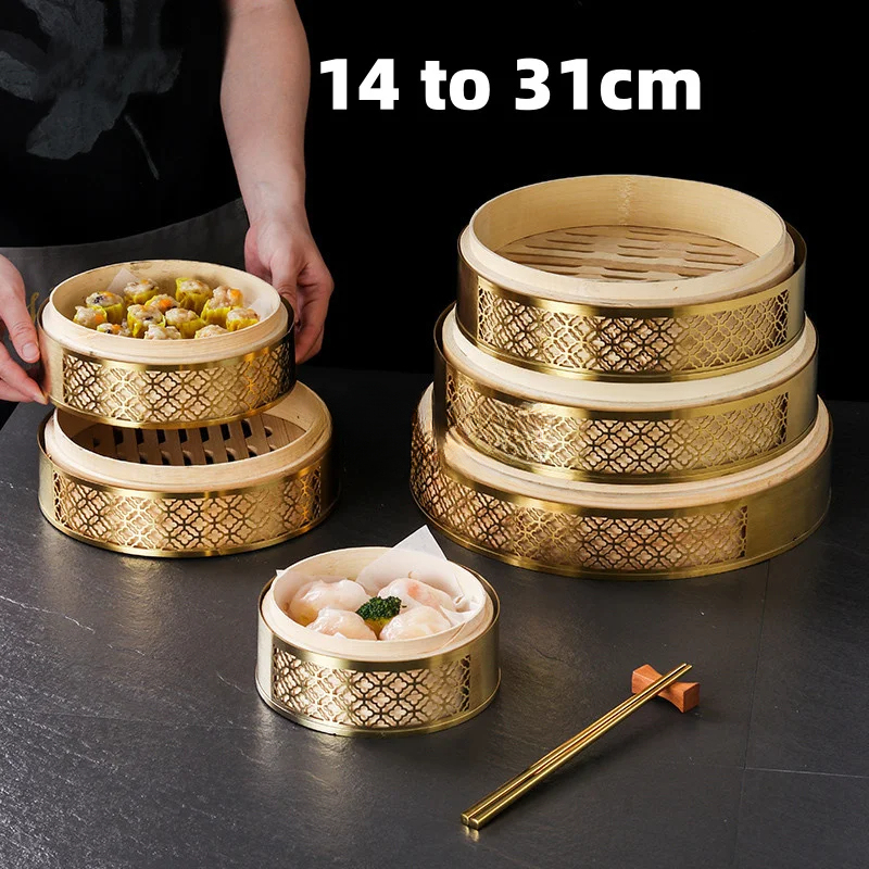Bao Steamer Bamboo - 中国竹製蒸し器蓋付き餃子蒸し器、ベース付き野菜スナック用、バオバン蒸し器バスケット