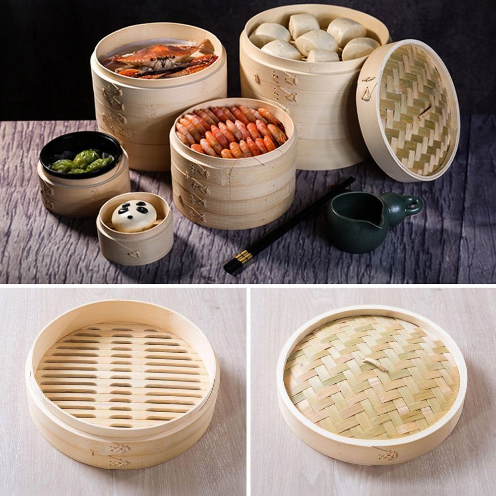 Bao Steamer Bamboo - 調理用ふた付き竹スチーマー、中国の蒸し器、餃子のゴミ箱、野菜のスナックバスケット、baoバンド、調光