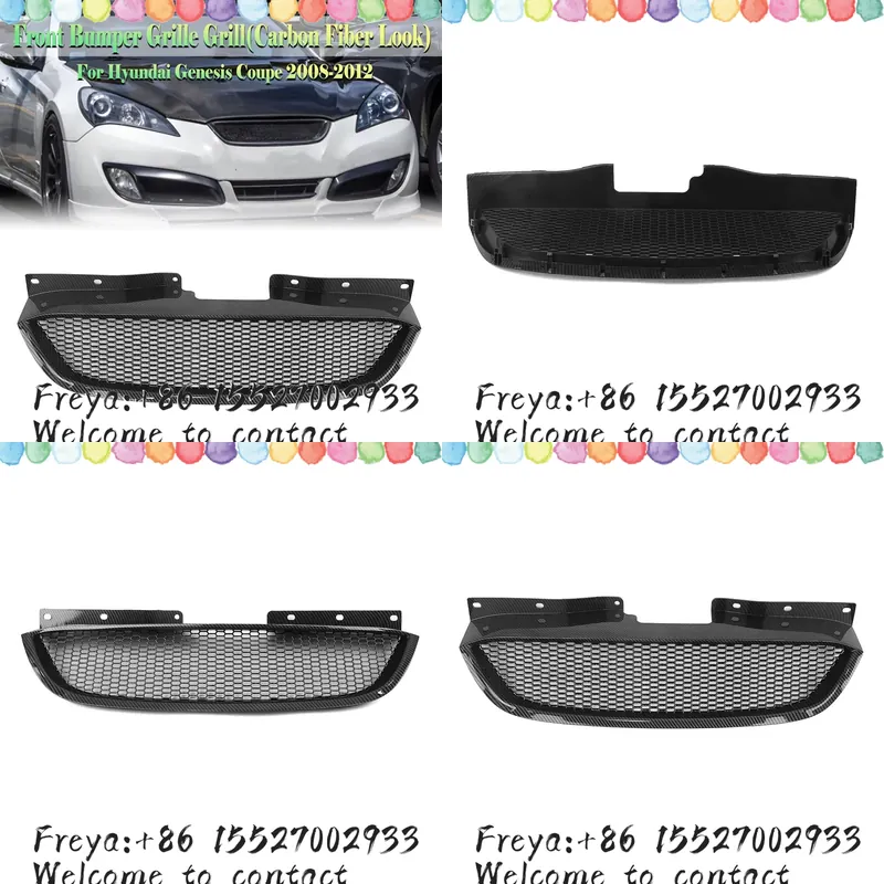 Crepe Pan Carbon - ジェネシスクーペ2008-12用フロントグリル、ハニカムスタイルカーボンファイバールック/グロス/マットブラック、アッパーバンパーフード