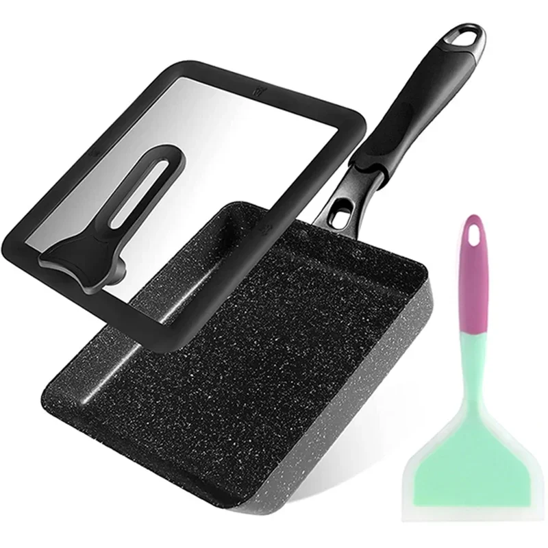 Egg Waffle Pan - 焦げ付き防止の日本のオムレツ鍋/タマゴヤキ、長方形の鍋、卵フライパン、オプションの蓋とヘラ