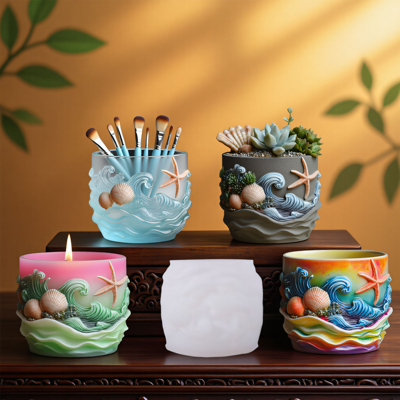 Potsticker Mold - 海洋生物レリーフ多肉植物植木鉢樹脂シリコン型貝殻ヒトデレリーフ収納ボックスキャンドルカップ石膏セメント型